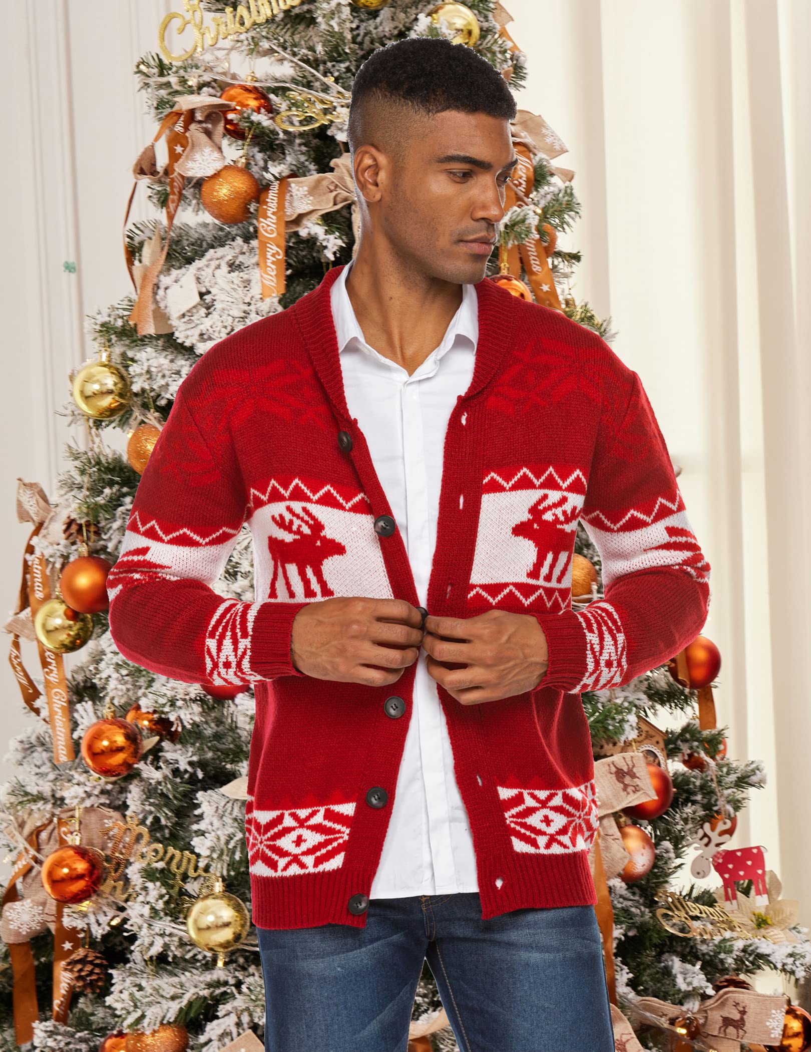 Men's Christmas Cardigan Sweater Shawl Button