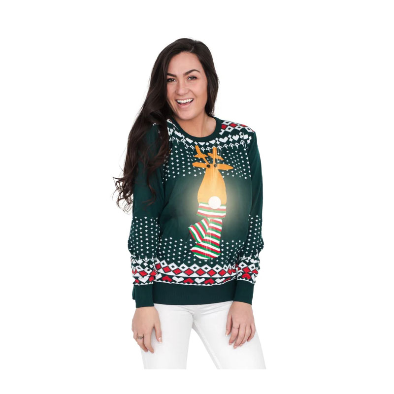 LED Green Christmas Sweater Reindeer Female