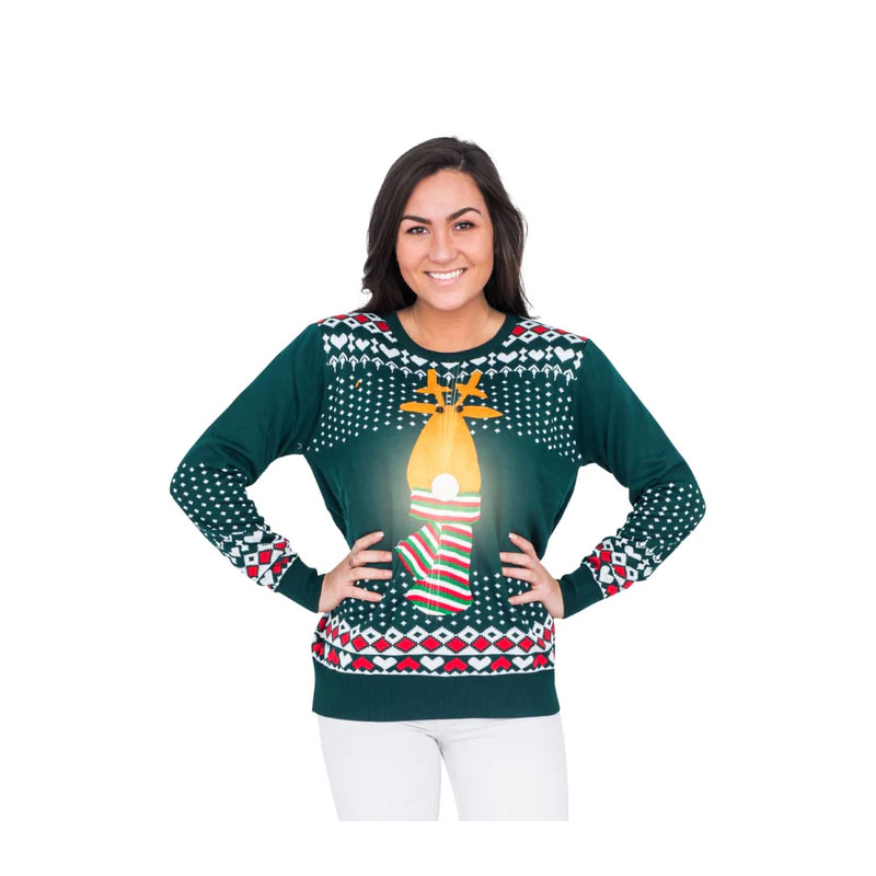 LED Green Christmas Sweater Reindeer Female