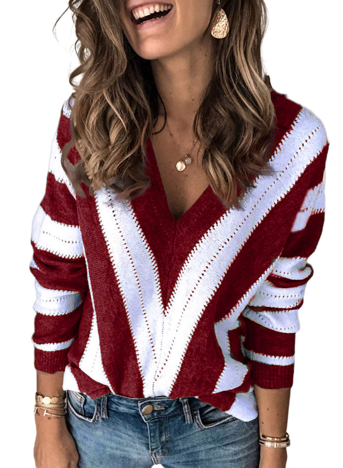 Women New Striped Vneck Sweater Jumper