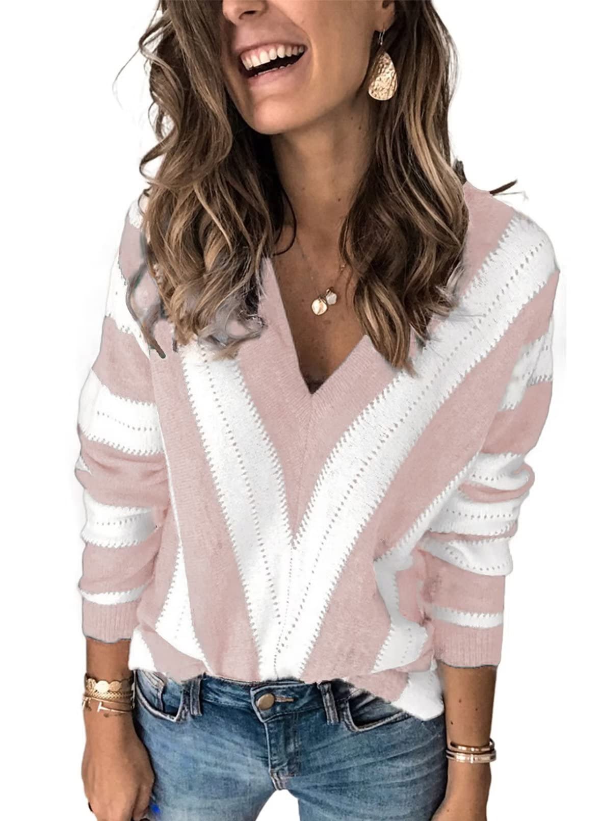 Women New Striped Vneck Sweater Jumper