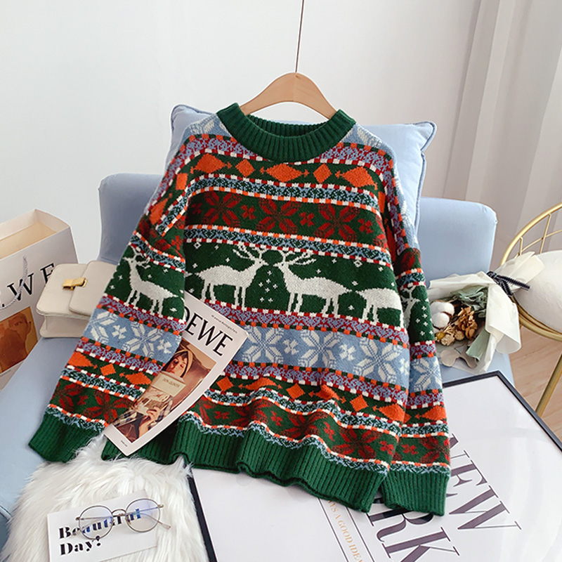 Christmas Print Pullover Vintage Loose Sweater