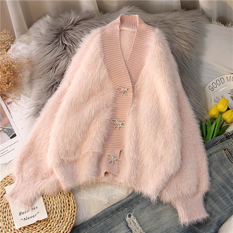 Pink Sweater Knit V-neck Sleeve Jacket