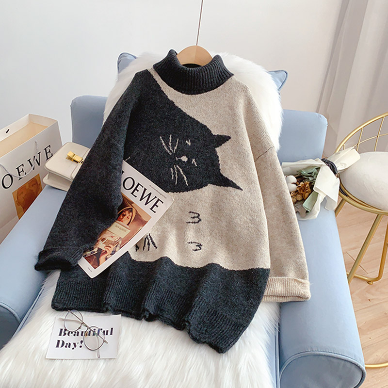 Women Sweater Lovely Print Turtleneck Knitwear