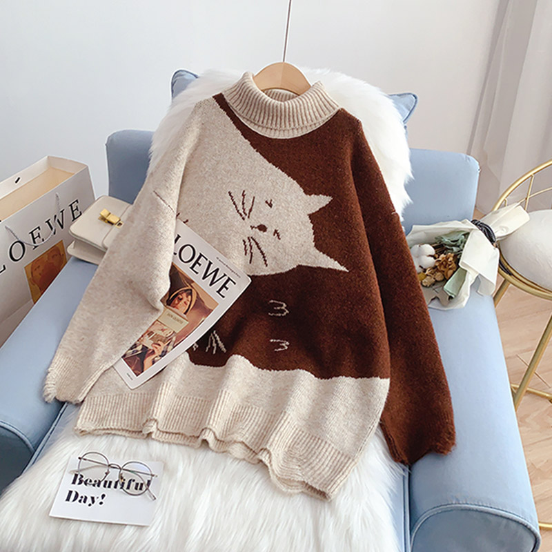 Women Sweater Lovely Print Turtleneck Knitwear