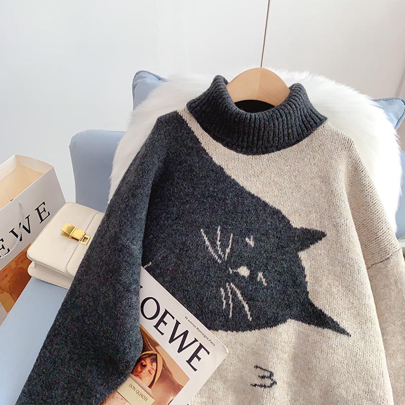 Women Sweater Lovely Print Turtleneck Knitwear