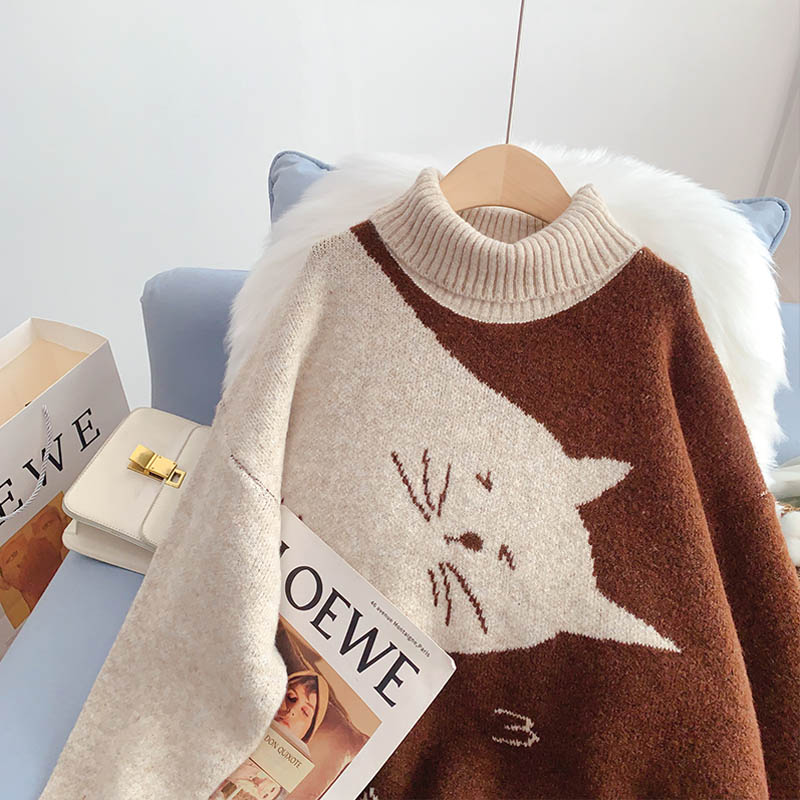 Women Sweater Lovely Print Turtleneck Knitwear