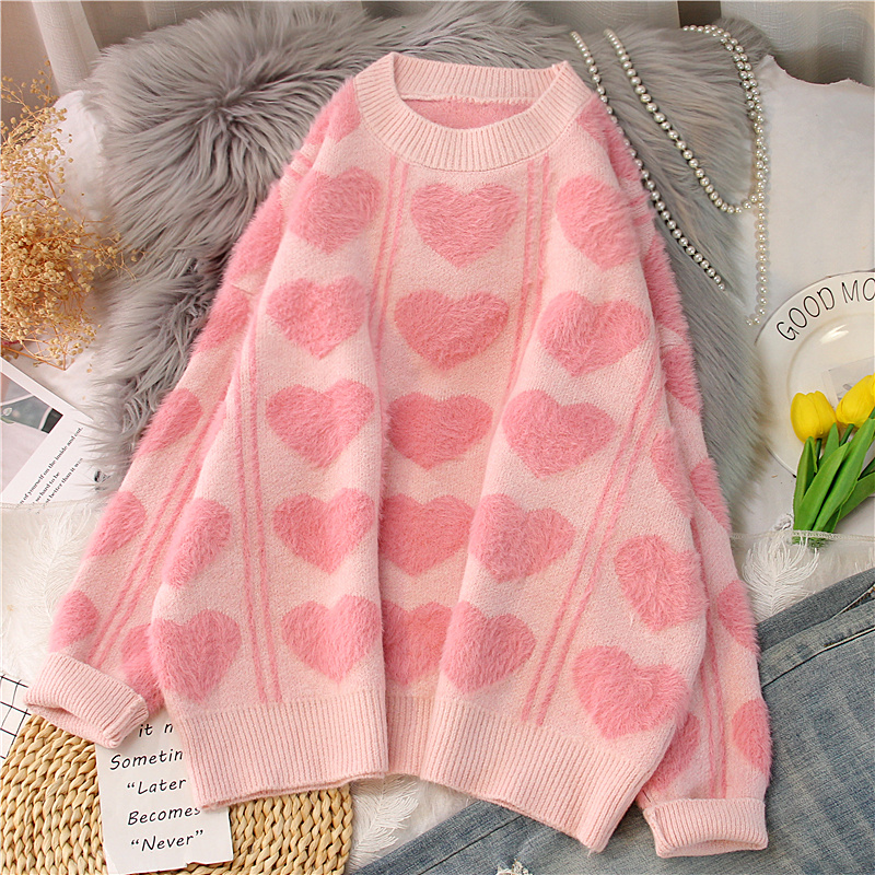 Pink Sweater Baggy Sweet Print Knit