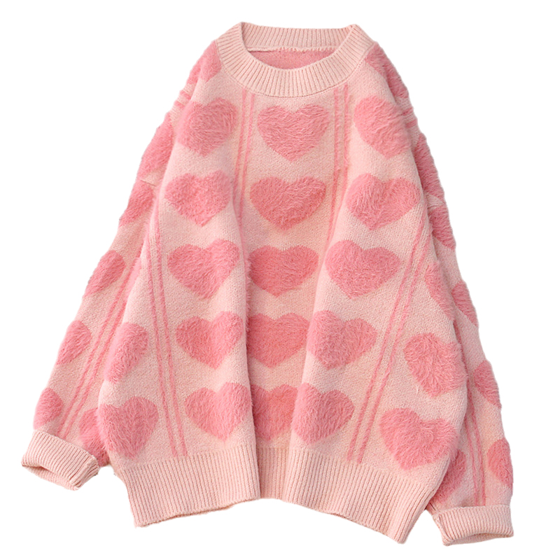 Pink Sweater Baggy Sweet Print Knit