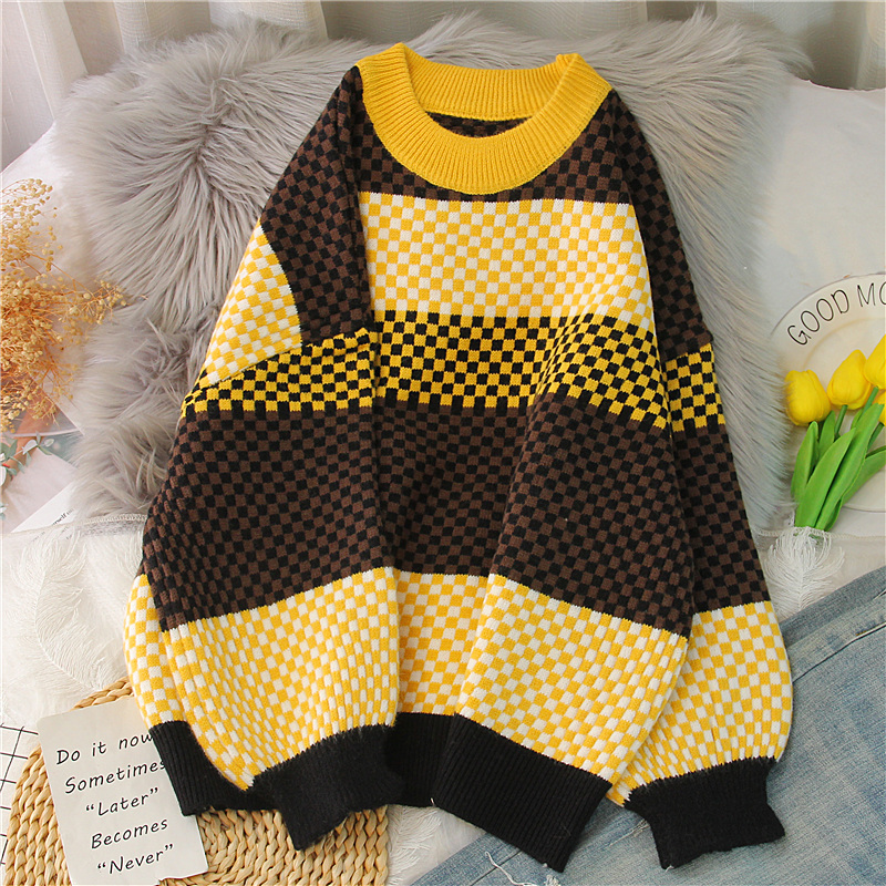 Striped Patchwork Plaid Oneck Pullover Knitted