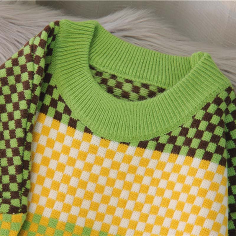 Striped Patchwork Plaid Oneck Pullover Knitted