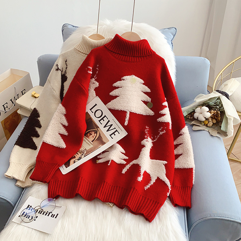 Turtleneck Christmas Women Sweater Printed Pullover