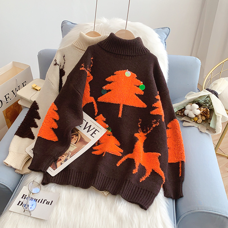 Turtleneck Christmas Women Sweater Printed Pullover