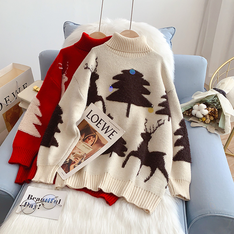 Turtleneck Christmas Women Sweater Printed Pullover