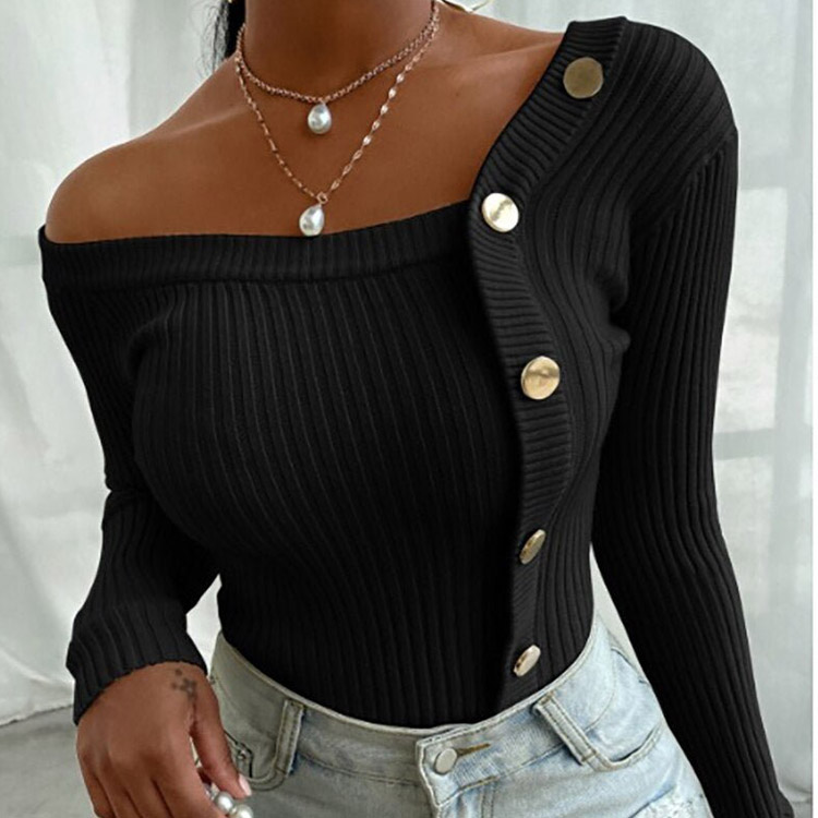 Women Sweater Sexy Slim Stitching Button