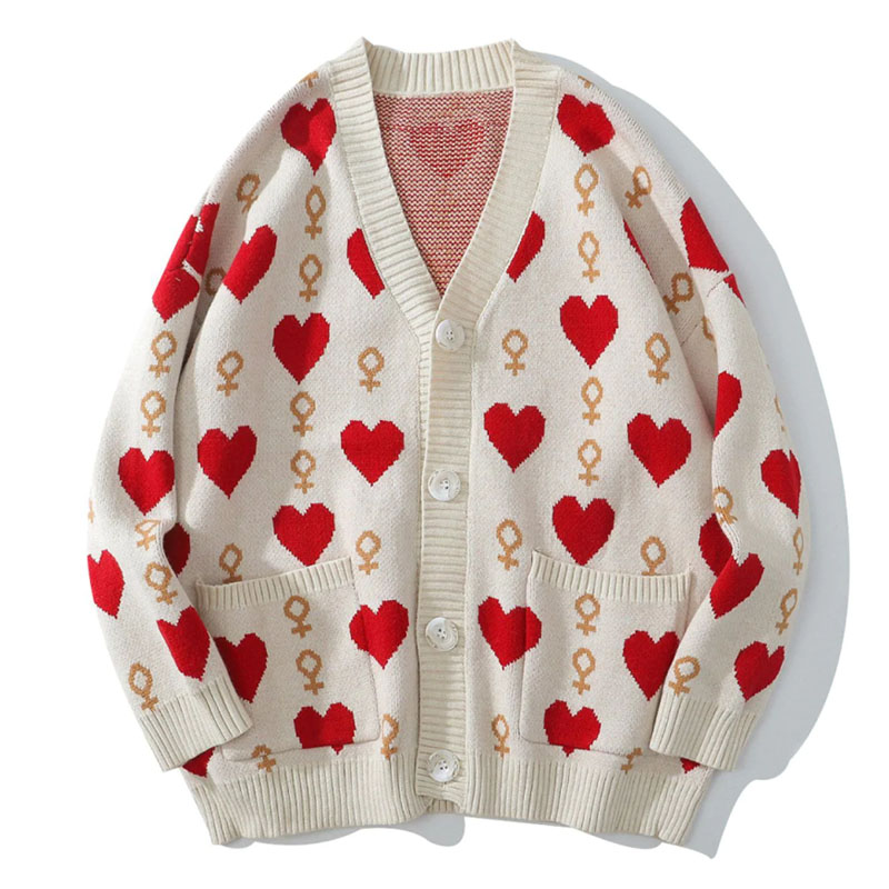 Women's Hearts Pattern Knitted Cardigan V-neck Sweater