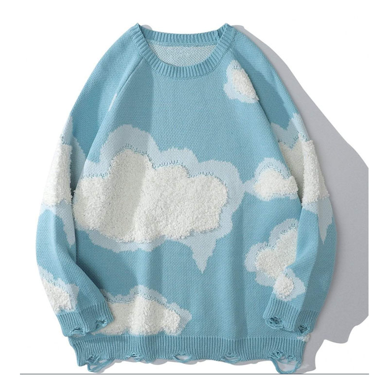 Women's Embroidered Clouds Crew Neck Ripped Sweater