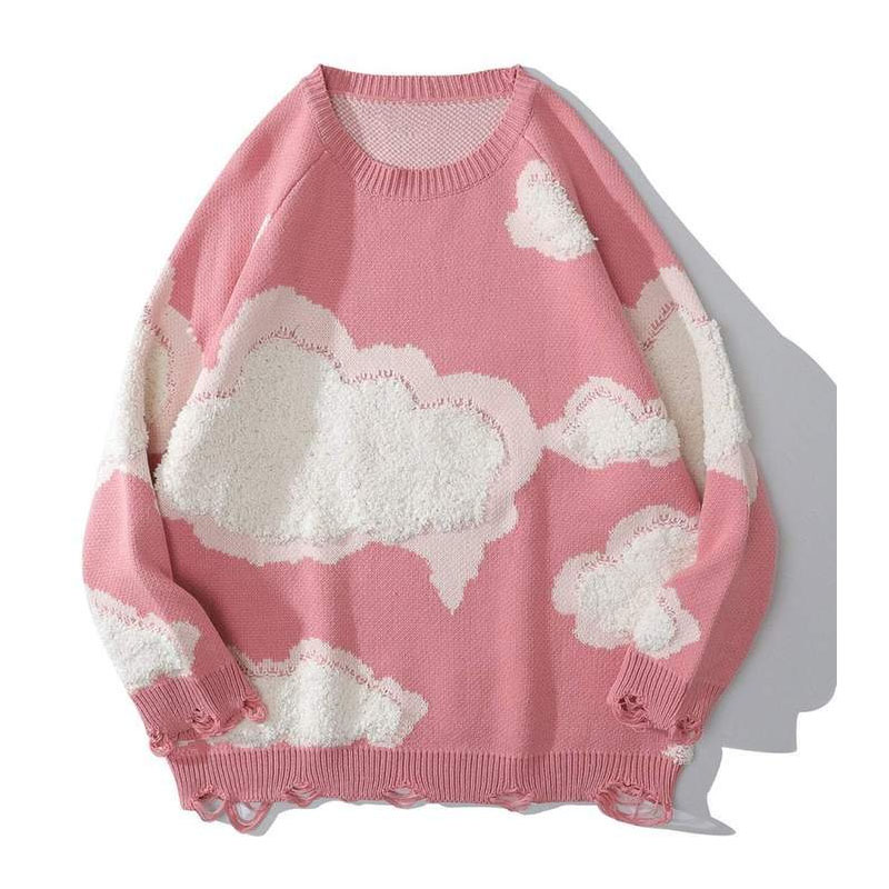 Women's Embroidered Clouds Crew Neck Ripped Sweater