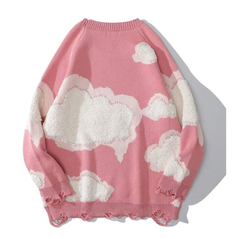 Women's Embroidered Clouds Crew Neck Ripped Sweater