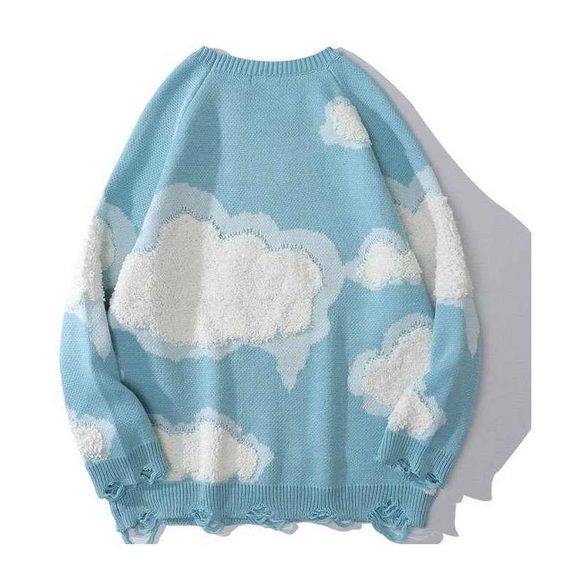 Women's Embroidered Clouds Crew Neck Ripped Sweater