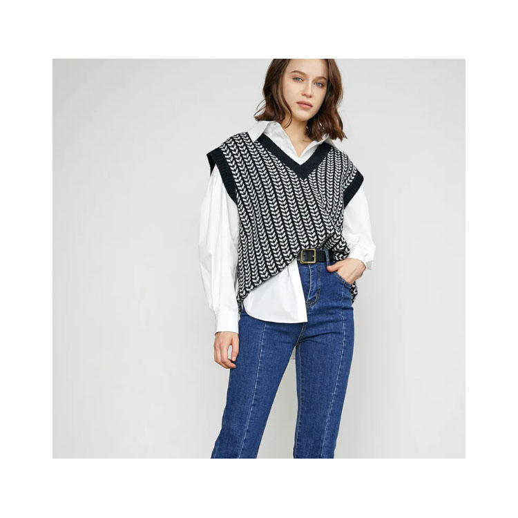 Women’s Vest Jacquard O-neck Pullover knitted Sweater