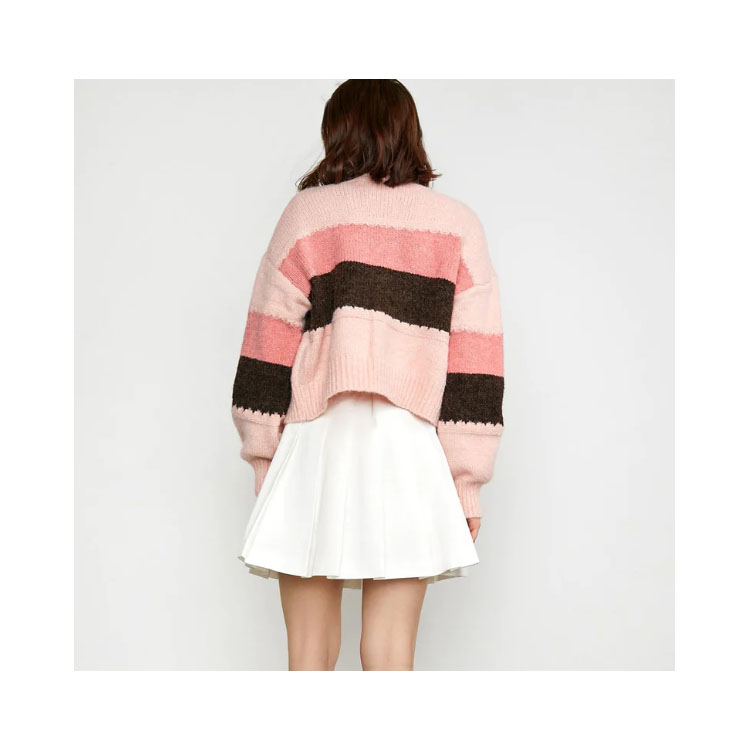 Women's Pink Color Block O-neck Cardigan Sweater