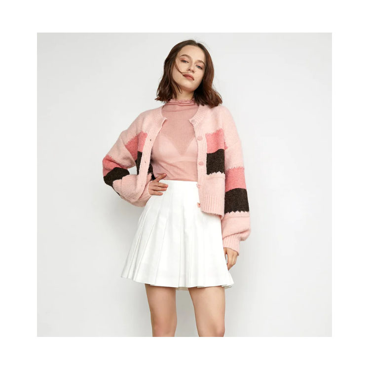 Women's Pink Color Block O-neck Cardigan Sweater