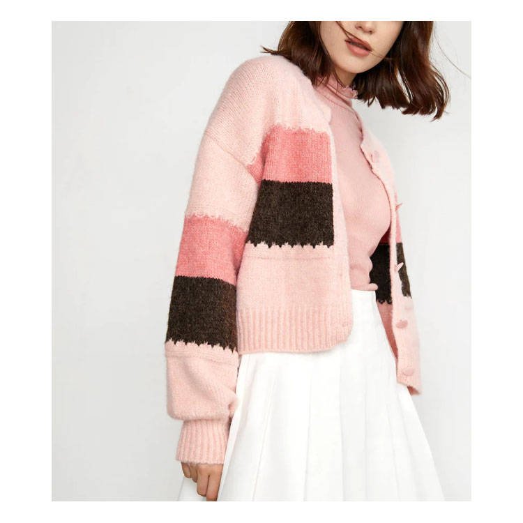 Women's Pink Color Block O-neck Cardigan Sweater