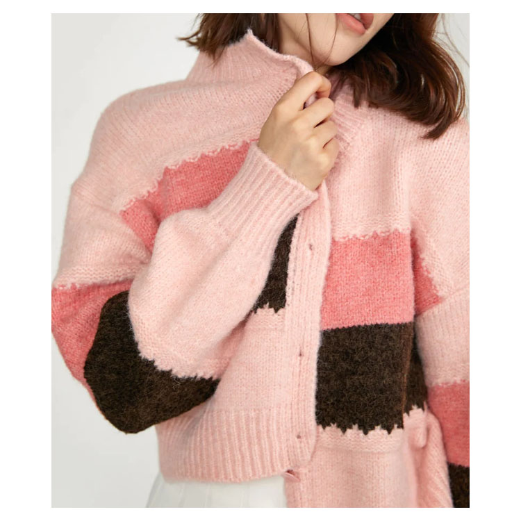 Women's Pink Color Block O-neck Cardigan Sweater