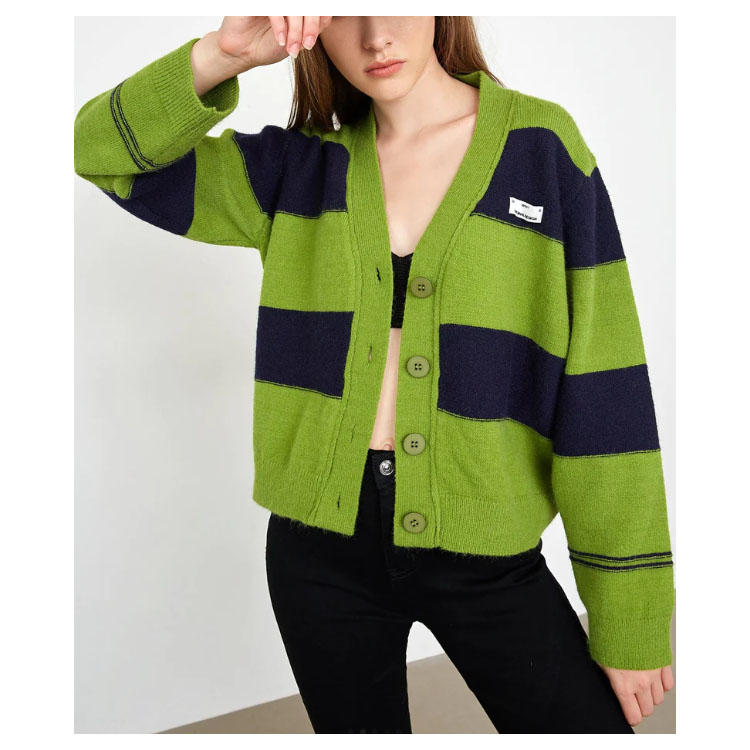 Women's Yellow Green Pinstripe Cardigan Scarf Collar Sweater