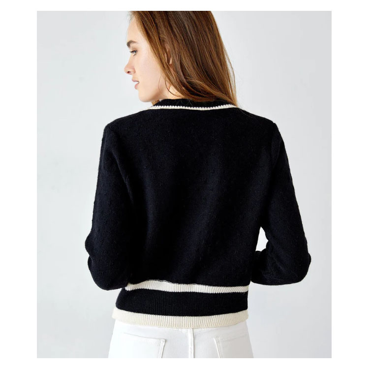 Women's Black Contrast V-neck knitted Cardigan  Sweater