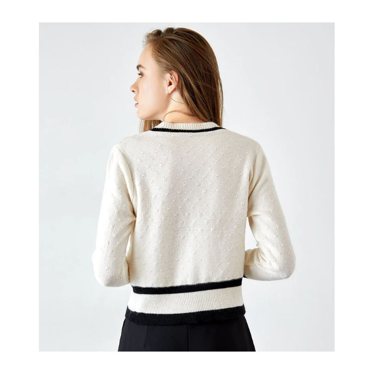 Women's White Contrast Cardigan V-neck Sweater