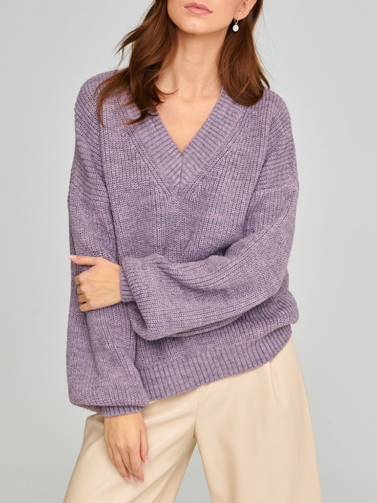 V-neck Purple Pullover Loose Ladies Sweater