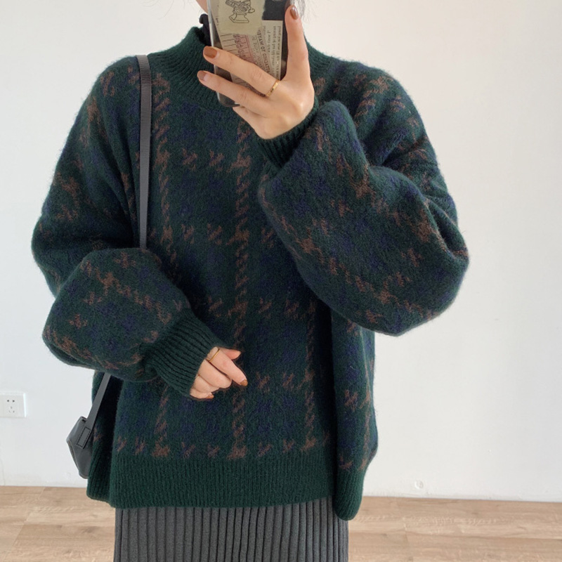 Plaid Elegant Loose Knit Sweater Lady