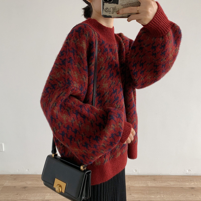 Plaid Elegant Loose Knit Sweater Lady