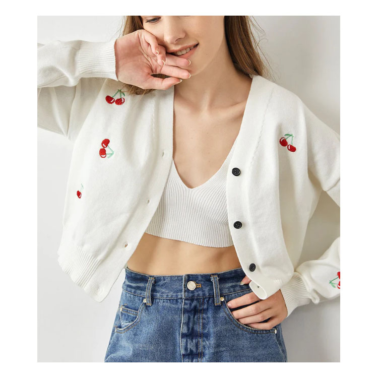 Women's White Sweet Cardigan V-neck Sweater