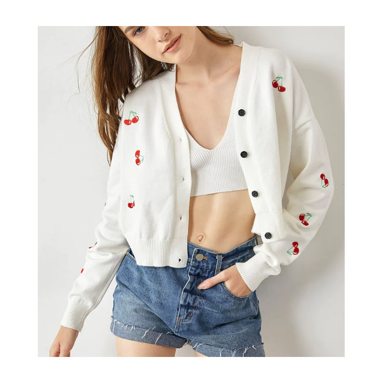 Women's White Sweet Cardigan V-neck Sweater