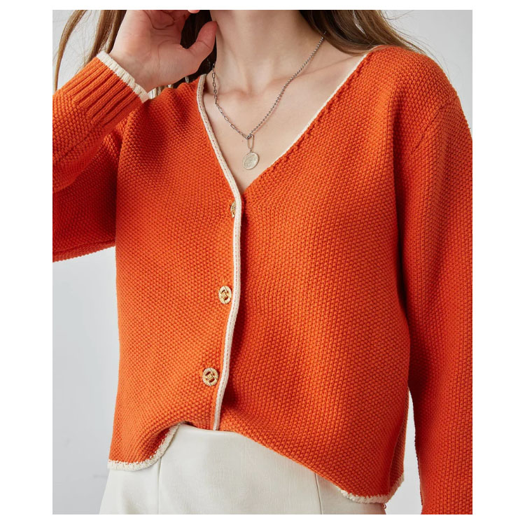 Women's Orange Red Contrast Cardigan Sweater