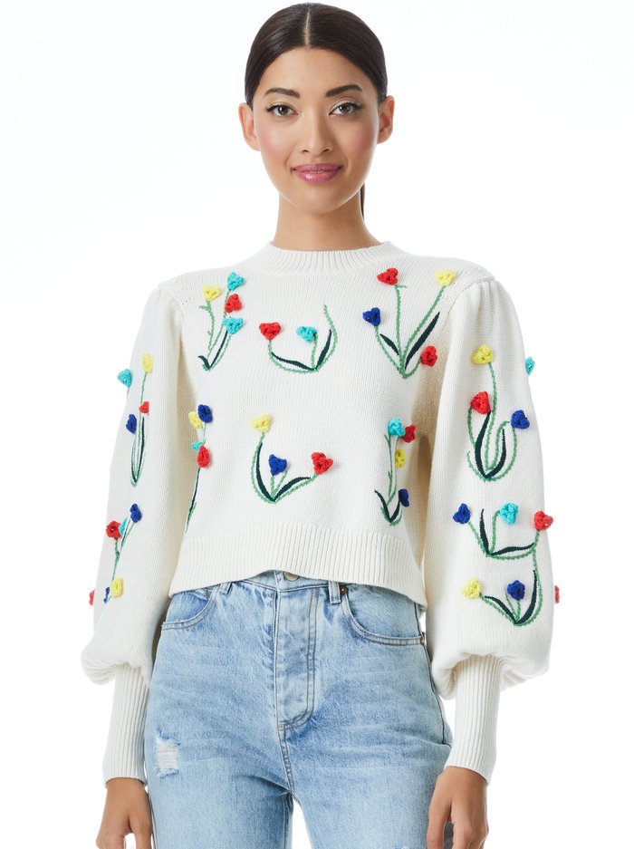 Lady's Short Sweater Embroidered Round Neck