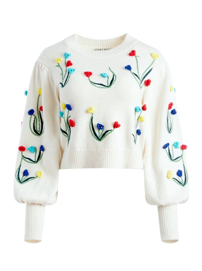 Lady's Short Sweater Embroidered Round Neck