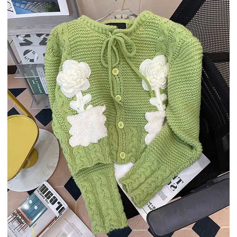 Green Embroidered Knit Sweater Women's Coat