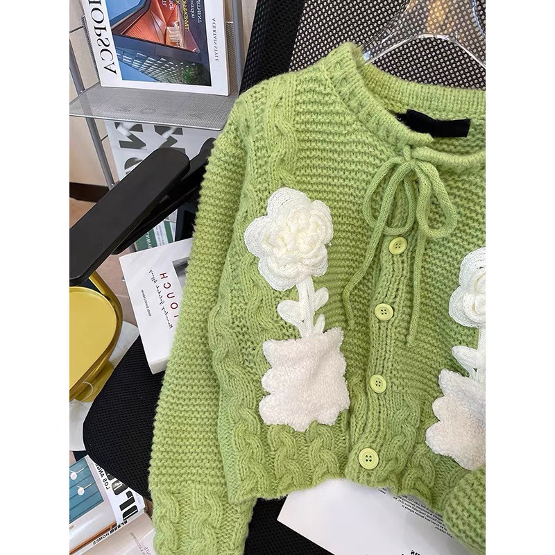 Green Embroidered Knit Sweater Women's Coat