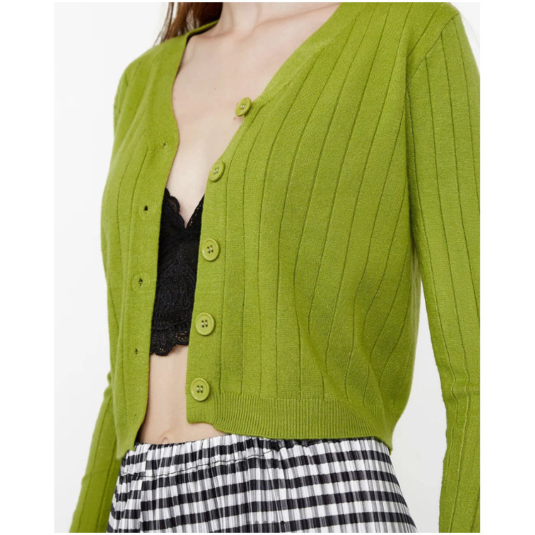 Women's Knitted Green Yellow Button-Up Cardigan