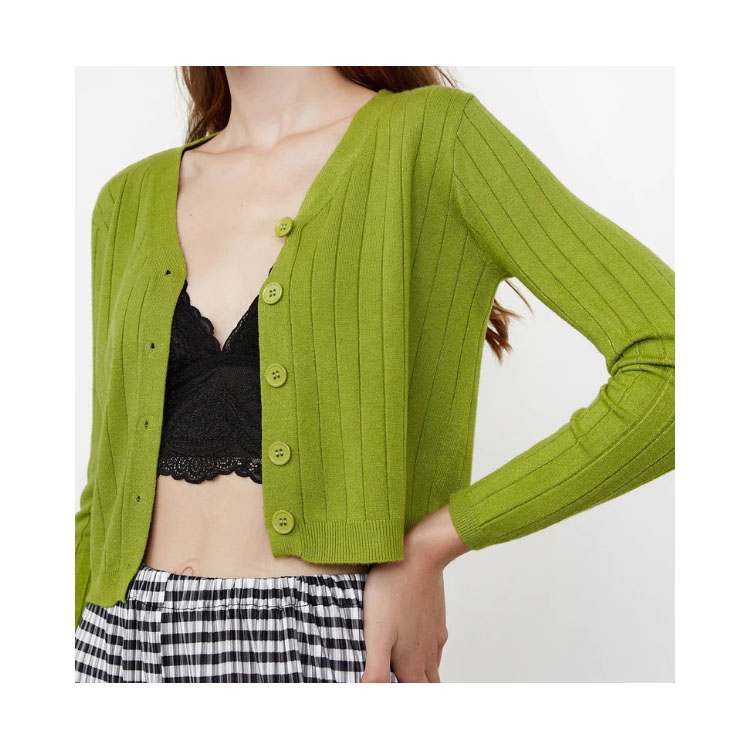 Women's Knitted Green Yellow Button-Up Cardigan