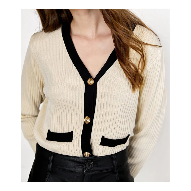 Women's Beige Contrast Cardigan Knitted Sweater