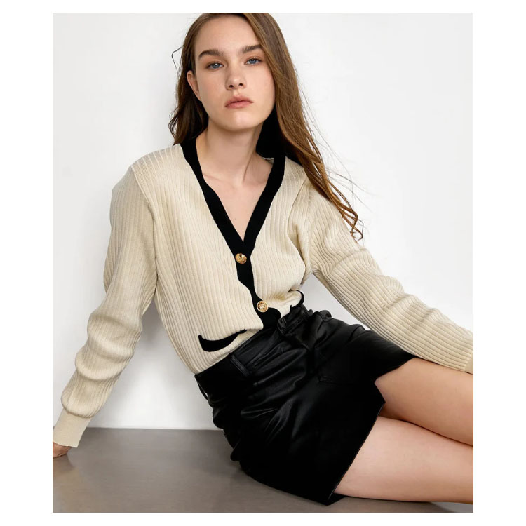 Women's Beige Contrast Cardigan Knitted Sweater