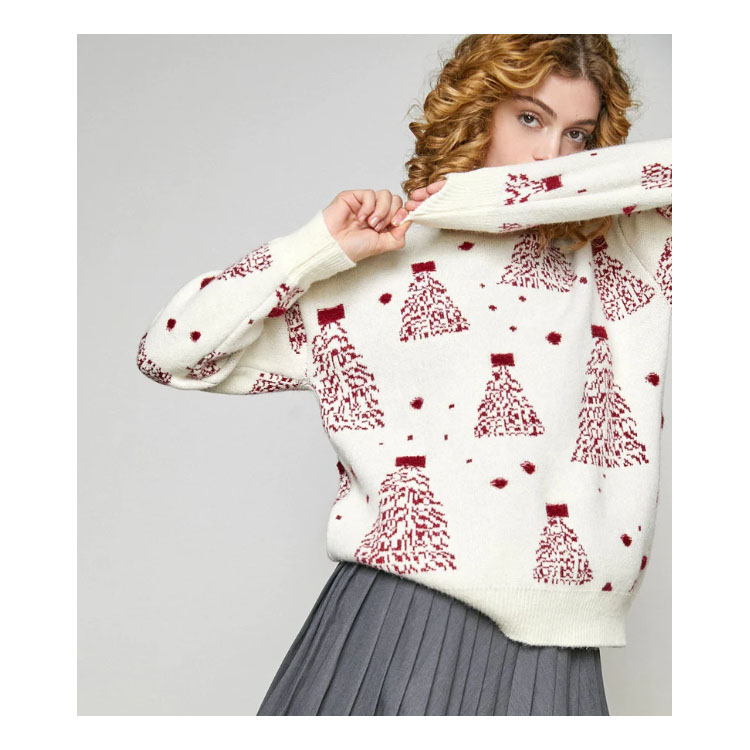 Women's Jacquard White Tree Graphic Crew Neck Sweater