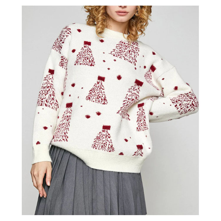 Women's Jacquard White Tree Graphic Crew Neck Sweater