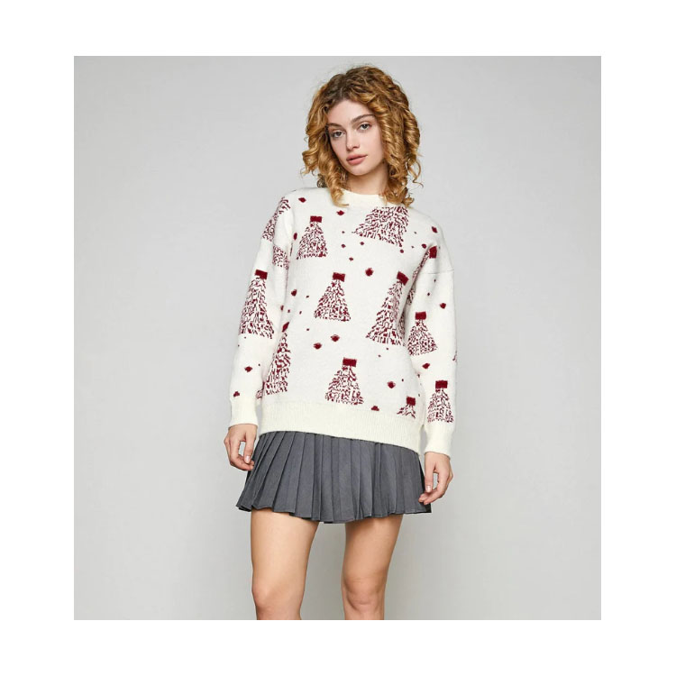 Women's Jacquard White Tree Graphic Crew Neck Sweater