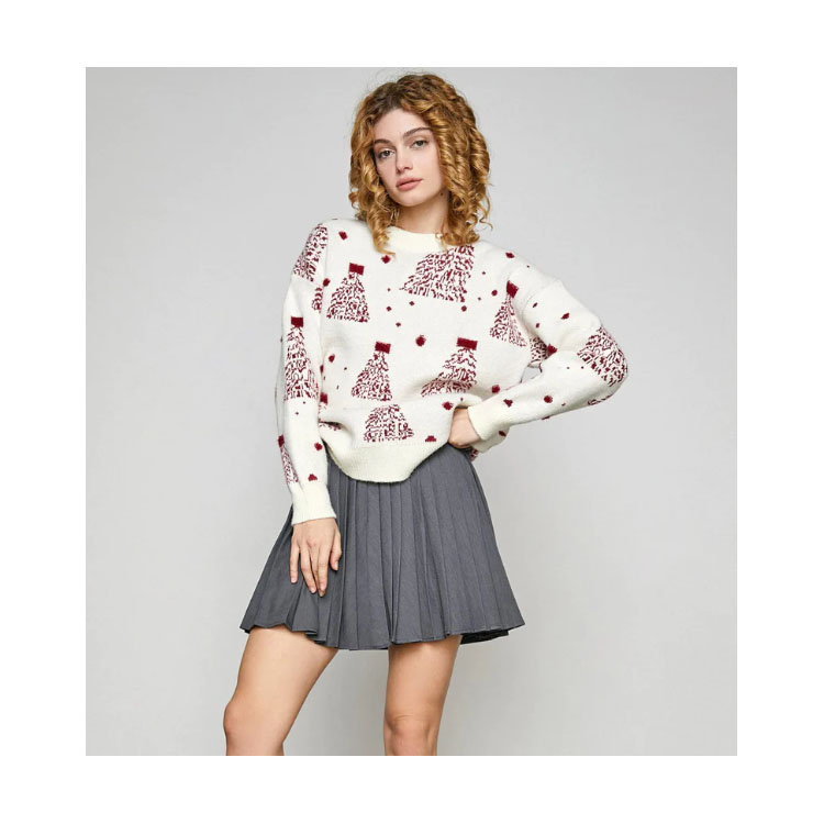 Women's Jacquard White Tree Graphic Crew Neck Sweater